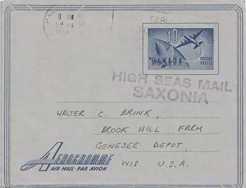 Canada: 1958: Atlantic Ocean near Halifax- High Seas Mail Saxonia - to Genesee