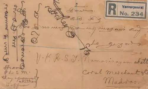 Ceylan: 1928: registered letter Vannarponnai to Madras
