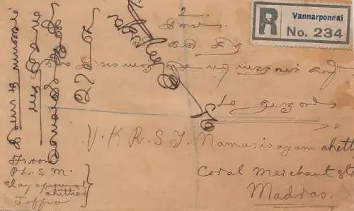 Ceylon: 1928: registered letter Vannarponnai to Madras