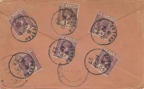 Ceylan: 1927: registered letter Pettah to Madras