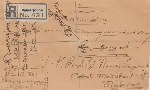 Ceylan: 1926: registered letter Vannarponnai to Madras