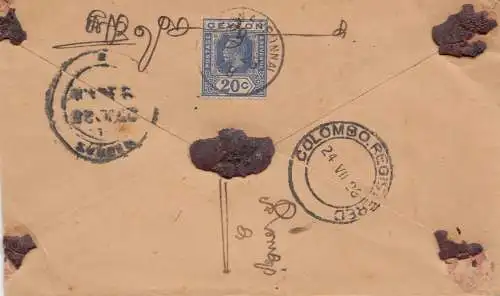 Ceylan: 1926: registered letter Vannarponnai to Madras