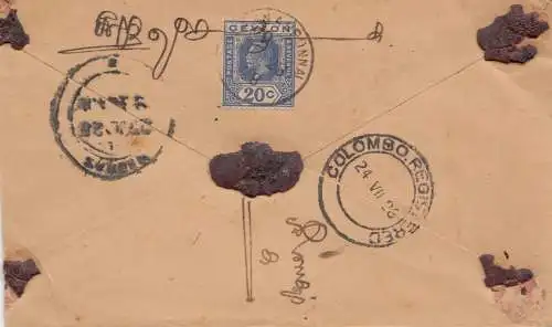 Ceylon: 1926: registered letter Vannarponnai to Madras