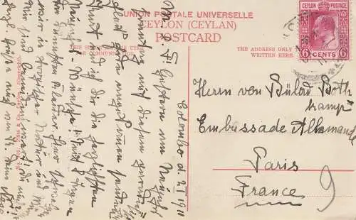 Ceylan: 1911: post card Temple Hindoo to Paris, Embassade Allmande