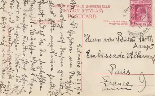 Ceylon: 1911: post card Temple Hindoo to Paris, Embassade Allmande