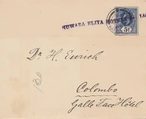 Ceylan: 1908: letter Nuwara Eliya Hotels to Colombo
