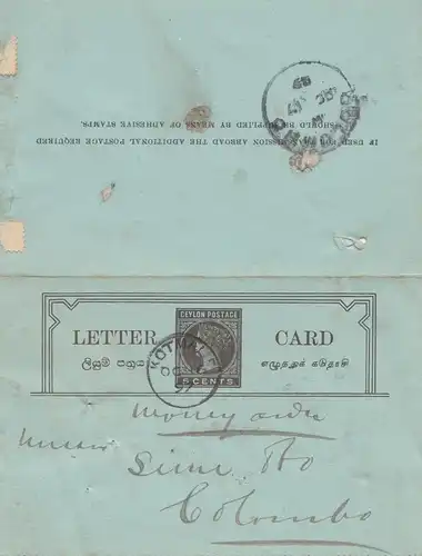 Ceylon: 1899: Letter Card Kotmalxx Moneyorder to Colombo