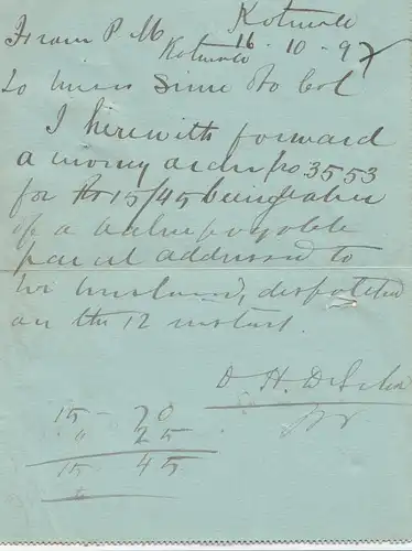 Ceylan: 1899: Letter Card Kotmalxx Moneyorder to Colombo