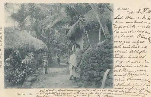 Ceylon: 1901 picture post card Native Huts Maskeliya to Crefeld/Germany