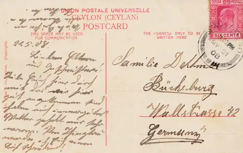 Ceylon: 1908: picture post card Colombo Pork Street to Bückleburg/Germany