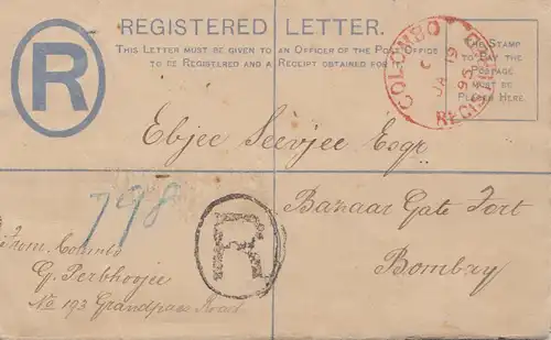 Ceylan 1895: Registered letter Colombo to Bombay/India