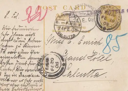 Ceylon: 1908: post card Nuwara Eliya to Calcutta/India