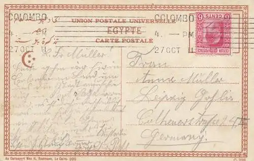 Ceylan: 1911: picture post card Cairo to Leipzig/Germany