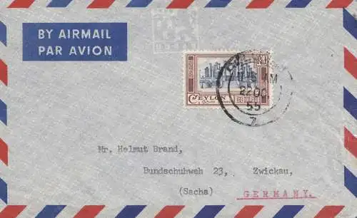 Ceylan: 1955: Air Mail to Zwickau