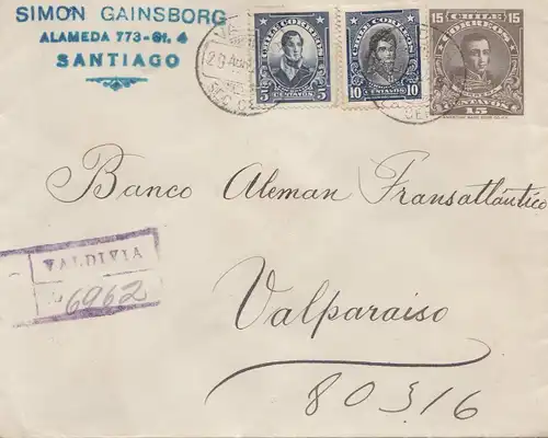 Chile: 1924: Registered Valdivia to Valparaiso