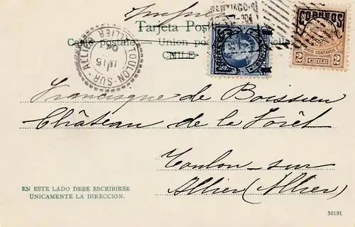 Chile: 1904: post card Santiago  to Toulon Sur Allier