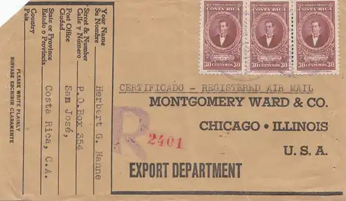 Costa Rica: Registered letter San Jose to Chacago USA