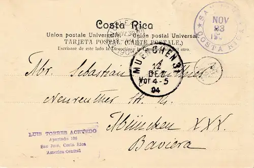 Costa Rica: 1904: post card Linea San Jose to Munich