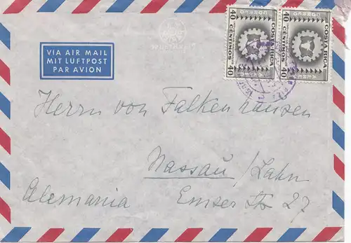 Costa Rica: 1957: Air Mail San Jose to Nassau/Lahn