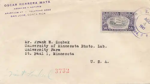 Costa Rica: 1947: Air Mail San Jose to Minnesota - University