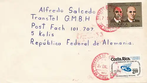 Costa Rica: 1977 air mail red cancel San Jose to Cologne