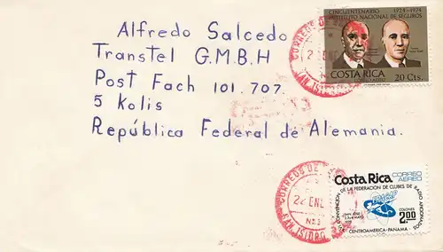 Costa Rica: 1977 air mail  red cancel San Jose to Köln