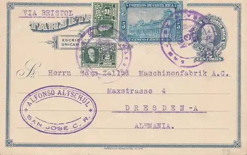 Costa Rica: 1925: post card San Jose via Bristol to Dresden