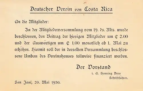 Costa Rica: 1930: post card Deuscher Association San Jose to Turrialba
