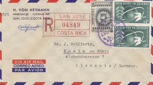 Costa Rica: 1955: Registered San Jose to Cologne - par Heymann