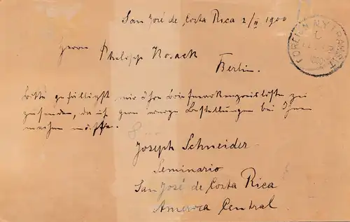 Costa Rica: 1900 post card San Jose to Berlin