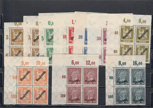 Deutsches Reich Dienst: MiNr. 105-113, postfrisch Platte, Viererblock Eckrand