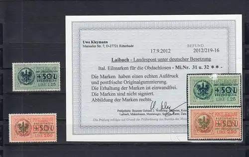Dt. Besetzung Laibach: MiNr. 31 und 32, postfrisch, BPP Befund