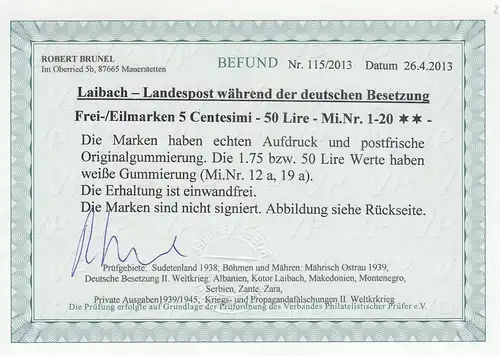 Dt. Besetzung Laibach: Michel Nummer 1-20, postfrisch