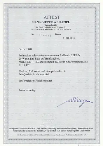 Berlin: Min. 1-20, Stampt Luxe, Berlin Charlottenburg 1948, BPP Attest