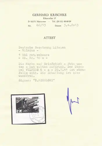 Vilnius: Dt. Besetzung Litauen: MiNr. 18, gestempelt Briefstück, 25.07.1941