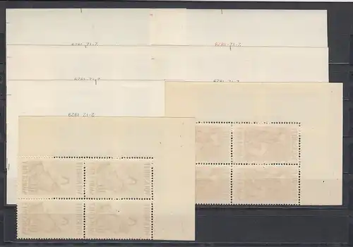Volkshelp Saar: Mi Nr. 135-141, post-freisch, Eckrand Quaderblock avec date d'impression