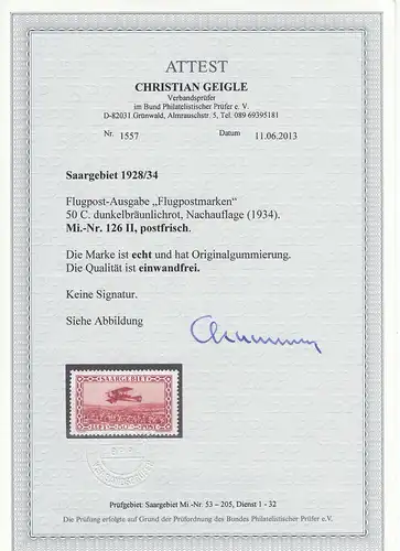 Saargebiet: MiNr. 126 II, postfrisch, BPP Attest
