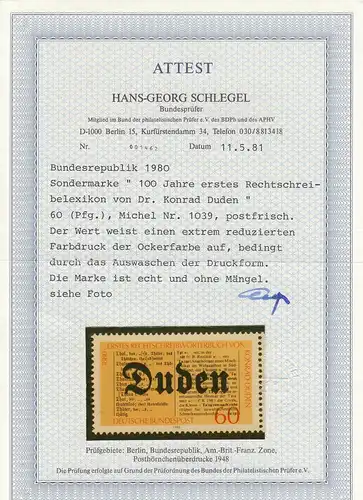 Bund: MiNr. 1039, post-frais, impression de couleur réduite, BPP Attest