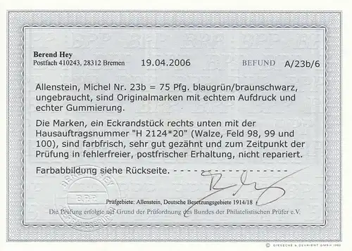 Allenstein: MiNr. 23b. postfrisch, Eckrandstück, HAN Nummer, BPP Befund