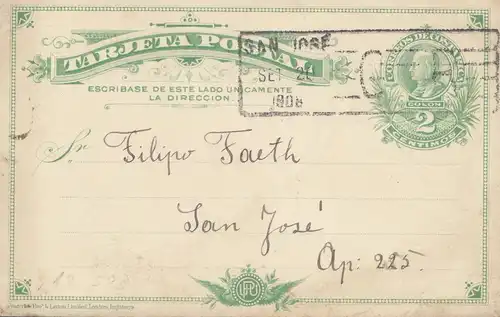 Costa Rica: 1908: San Jose post card