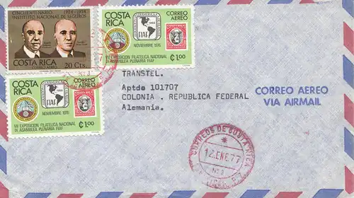 Costa Rica: 1977: San Jose to Colonia-Cologne - airmail