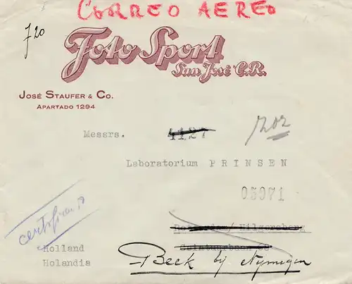 Costa Rica: 1939: Photo Sport San Jose to Holland - Laboratoire