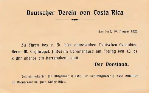 Costa Rica: 1920: post card Deutscher Verein San Jose