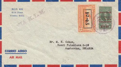 Costa Rica: 1954: air mail San Jose to Amsterdam via KLM