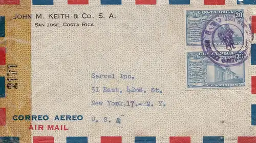Costa Rica: 1943: San Jose to New York, censor