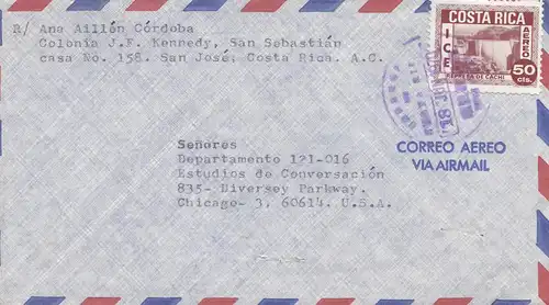 Costa Rica: 1970: air Mail Colonia J.F. Kennedy to Chicago