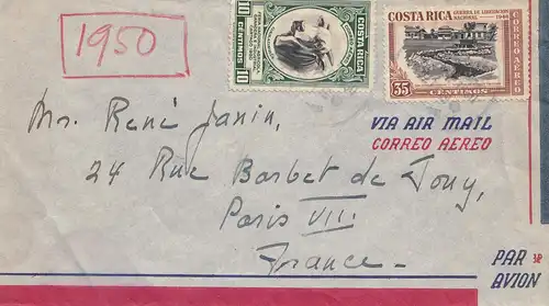 Costa Rica: 1950: Air Mail to Paris
