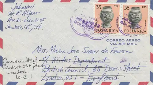 Costa Rica: 1964: San Jose to London - forwarded
