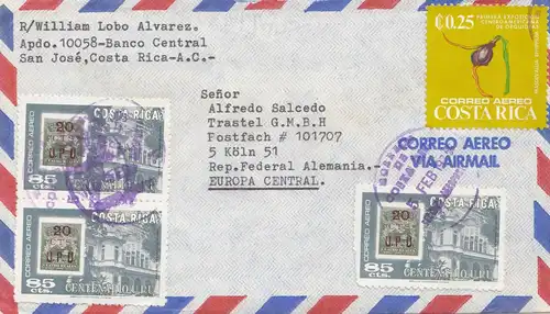 Costa Rica 1977 San Jose to Köln via air mail