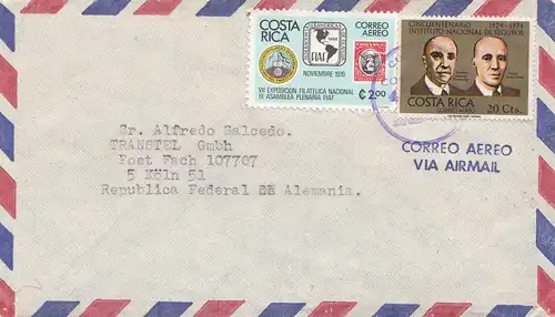 Costa Rica 1977 San Jose to Köln Transtel GmbH air mail